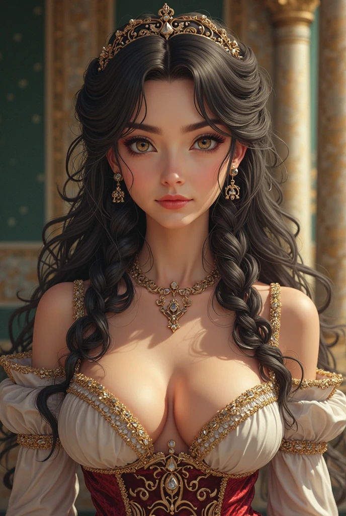 (((portrait, masterpiece))), (((Young beautiful brunette with a deep neckline))), long hair, Looking straight ahead, realistic. highest quality 16k.