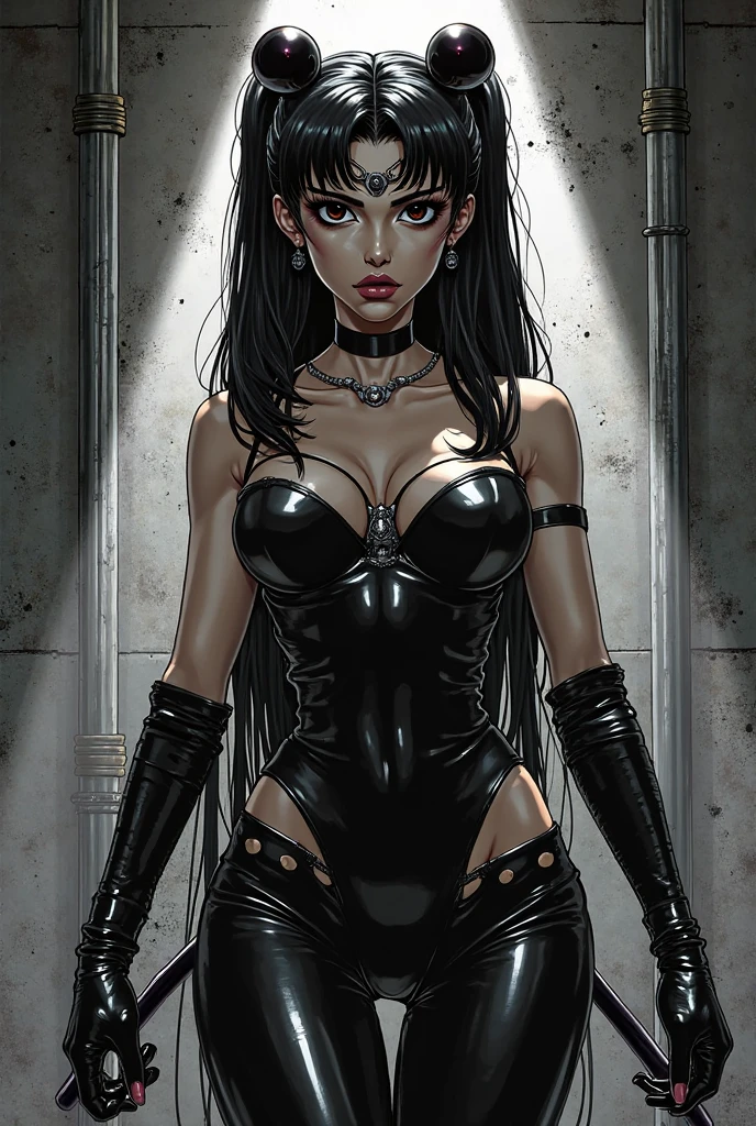 A gorgeous woman wearing a chain corset and a ((chainpunk)) aesthetic. She has long hair made entirely of chains, with belts and straps accentuating her figure. The overall theme of the image is centered around chains, symbolizing strength and sensuality. The image should be high quality, with ultra-detailed features and a realistic, photorealistic style. The color palette should be vibrant, with a focus on metallic tones and dark hues. The lighting should create a dramatic effect, emphasizing the contours of the woman's body and the intricate details of the chains.