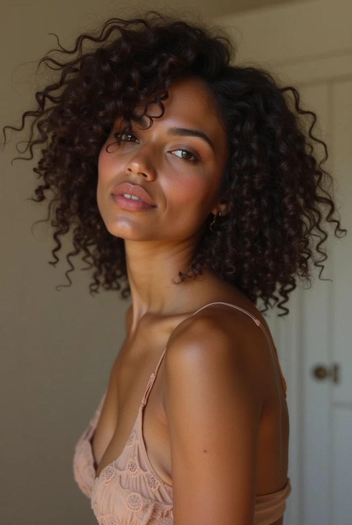 beautiful and cute brown skin girl looking like christian serratos, 8K, RAW photo, highest quality),(epic realistic:1.5), (detailed eyes:0.8),(looking at the camera:1.4), (highest quality), (best shadow),intricate details,cinematic,((skin:1.4)),interior, (medium pinky wavy hair:1.3),dark studio,(hdr:1.5),detailed, muted colors, freckles, clearly defined chin