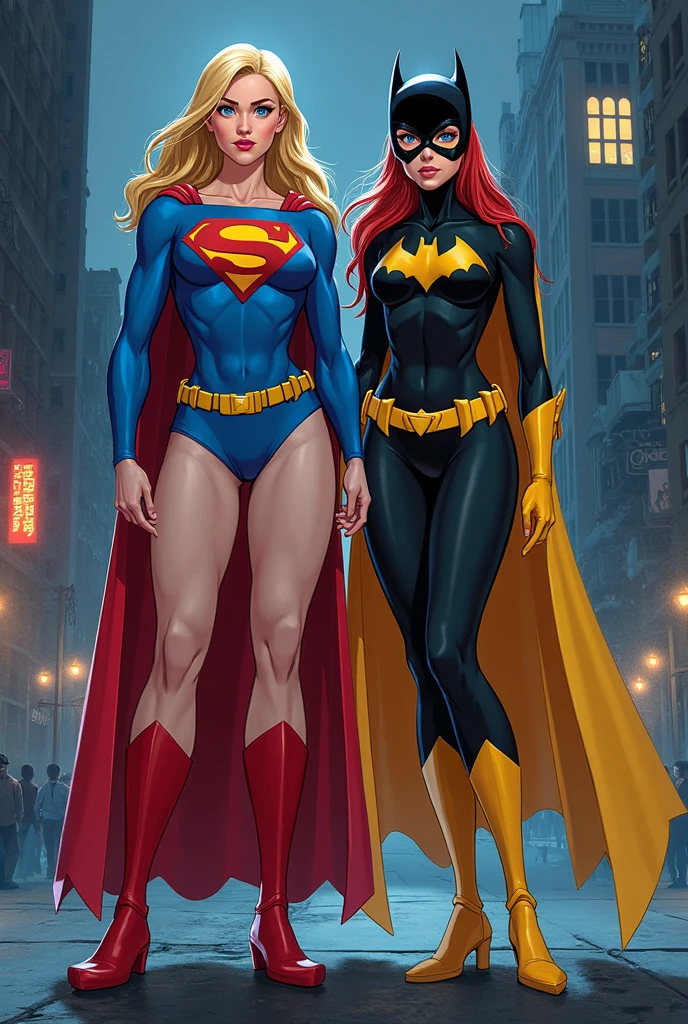 White girl with black and red striped hair, light brown eyes, long eye lashes, freckles across her nose and cheeks, more of a round face, curvy body type, rosy cheeks, in a Batman body suit, show her full body from head to feet. And a tall white boy, with really long blonde hair past his shoulders, bright blue eyes, eye whites slightly red, Batman suit, art style should be graphic art Batman comic book novels art style, background of a comic book panel
