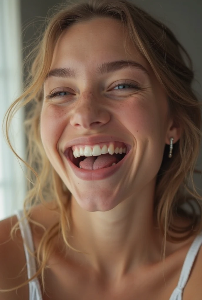 closeup of a female young teen’s face, mouth very wide open and smiling, eyes closed, naturally blonde hair, wearing strapless bra, extreme skin detail, photorealistic, 8k, wallpaper, viewed from above