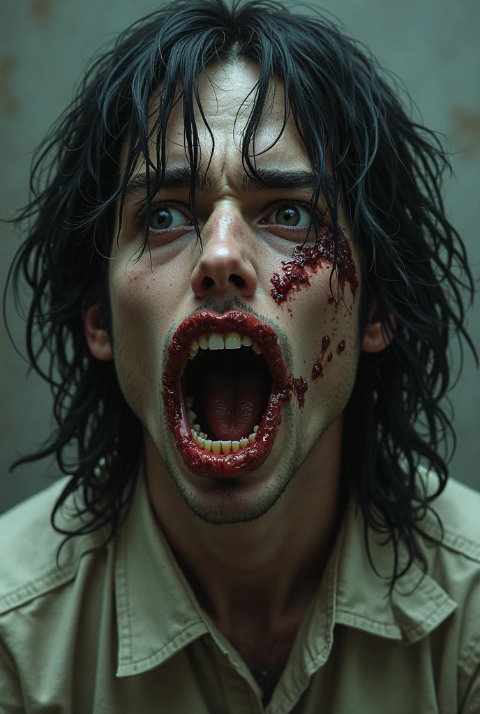 zombie, blood on face, scream, terror, horror movie still, 1980s gore horror