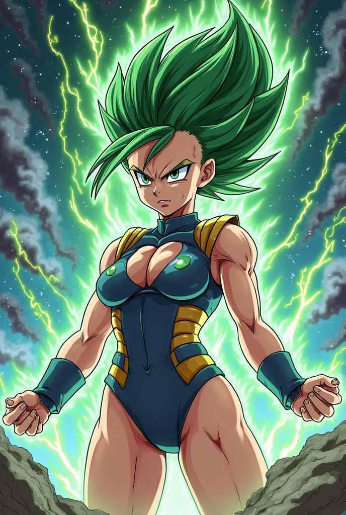 A kale de Dragon Ball (uma mulher) que se eleva majestosamente, com uma aura de energia dourada emanando de seu corpo. Seus cabelos longos e negros caem ondulados pelas costas, contrastando com seus olhos verdes brilhantes, que parecem refletir o poder interior que ela possui. Your muscles are tense and defined, showing off his legendary strength and endurance. In his right hand, ela segura uma bola de energia, ready to launch-la with devastating precision. Ao seu redor, The ground is cracked and raised by the impact of the battle, Showing the incredible power that Kale possesses. The Barren, The desolate scenery in the background only serves to further highlight the imposing presence of the legendary Super Sayajin. --s2