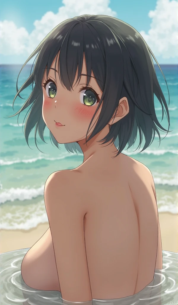 high quality,advanced details,4K high resolution, cute,girl, small size breasts Cleavage, black long hair hairpin, beautiful nude, sunny beach, sunlight,Angle of View