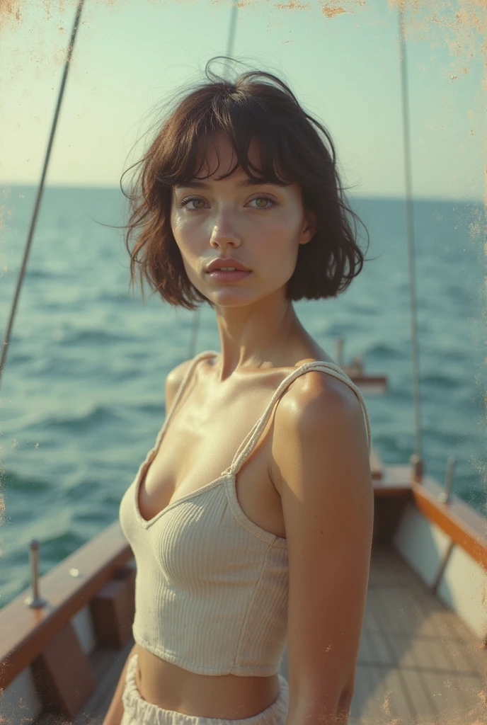 Sara Ivanov, Russian girl, beautiful girl, 23 years old, short hair, short bob haircut, light brown hair, on boat, elegant clothes