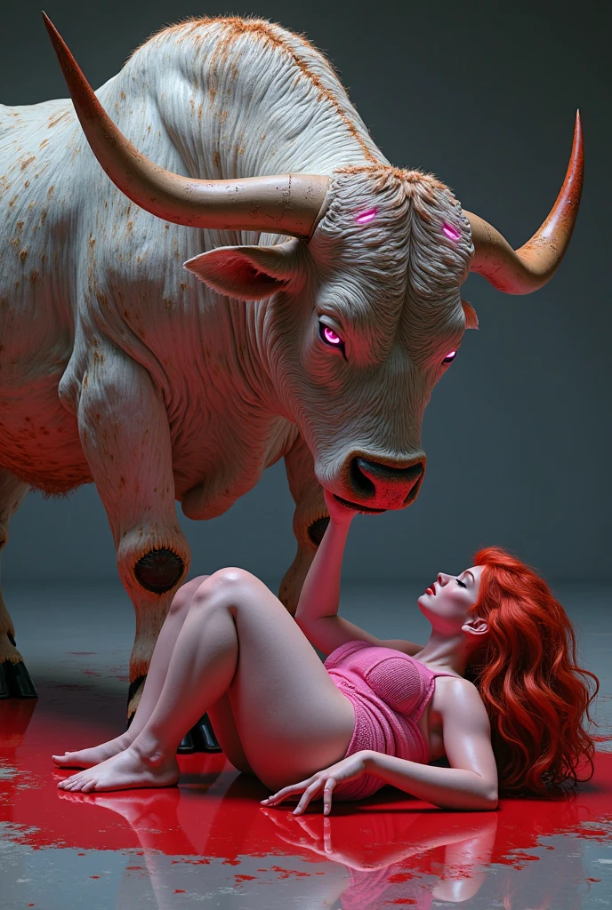 (nude) (Megara (human) sparse pubic hair), full body, vaginal fucking doggy style (huge furry white bull with red penis) on a deserted rocky beach