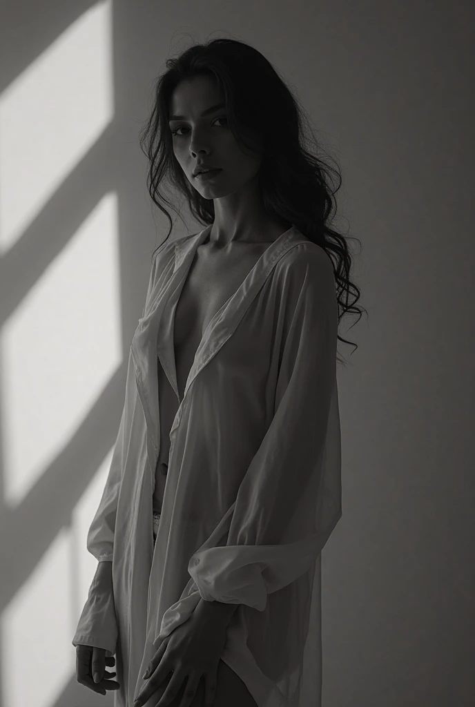 girl, alone, eroticism, sexy, black and white photography, in shadows, high contrast, sexy sheer nightgown, sensual, dramatic lighting, moody atmosphere, photo realistic, intricate details, masterpiece, ultra detailed, high quality, 8K, best quality, realistic, cinematic, high contrast photos, melancholic, expressionistic, powerful composition, emotional impact, art inspired by the movie Sin City