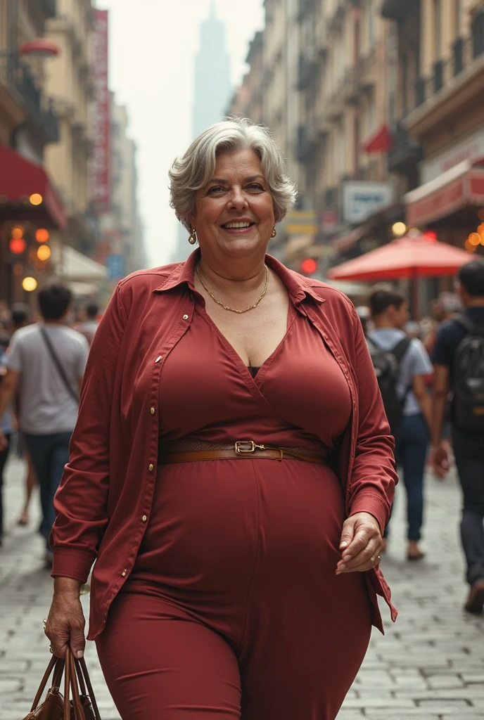 Beautiful 65 year old grandmother, mulher idosa de cabelos brancos, with her back to the camera showing a huge ass, cintura muito fina, quadril largo, beautiful grandmother, linda velha, night and urban scenery with bokeh and flares on camera
