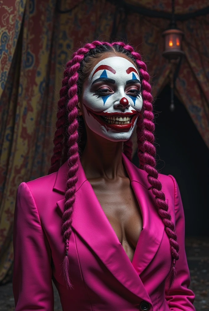 (Psychopathic tyra banx ),Teardrop-shaped eyes，Reddens Nose，Cute,Wavy hair, feathered headdress，Sparkling sequins,(Colorful clown costumes), (Jester cap)，high-heels。burst into laughter, (The ground was covered in blood), (Standing in an abandoned hospital corridor),Vibrant colors,painting-like,Sharp contrast,ominous lighting.Best quality, Realistic, Photorealistic fidelity: 1.37, Artistic interpretation, Masterpiece: 1.2.