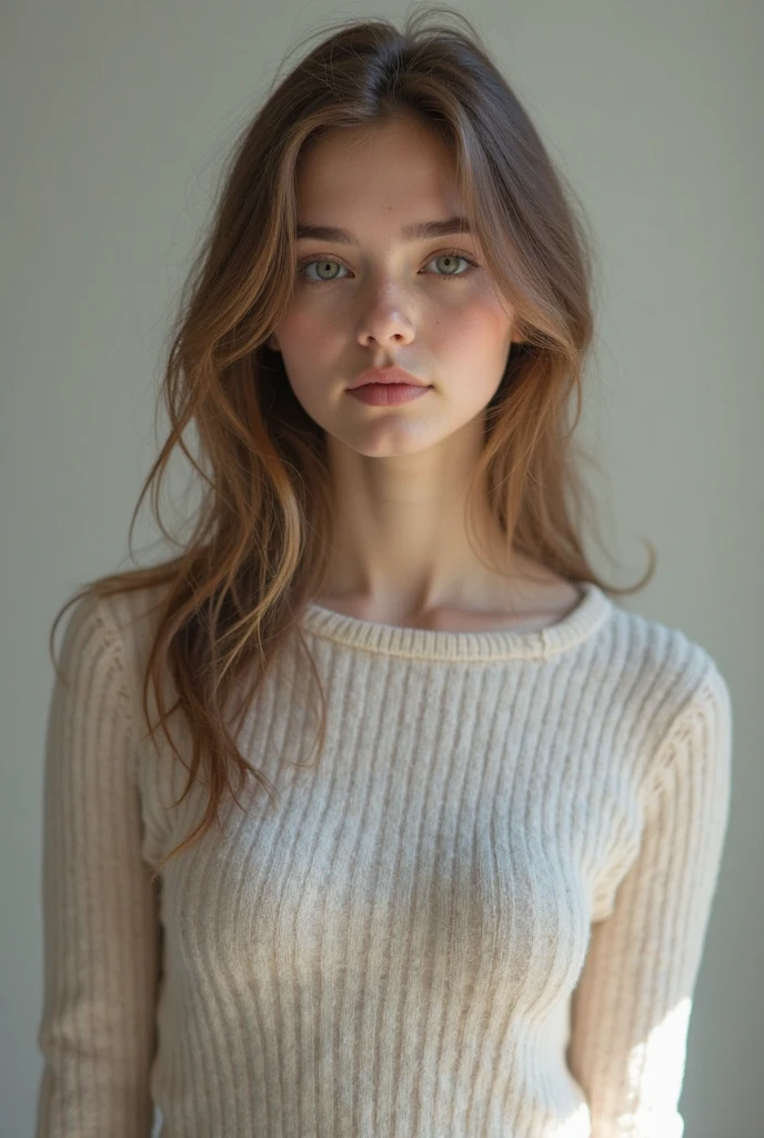 Photo taken at dusk, Portrait photoshoot, close up, Incredibly beautiful 18 year old Iranian girl , tan lines, striking eyes, flawless skin, grey turtleneck wool sweater, tiny waist, high full breasts, confident and graceful posture, grassy meadow in the fall, busty, female boyd holbrook travis fimmel