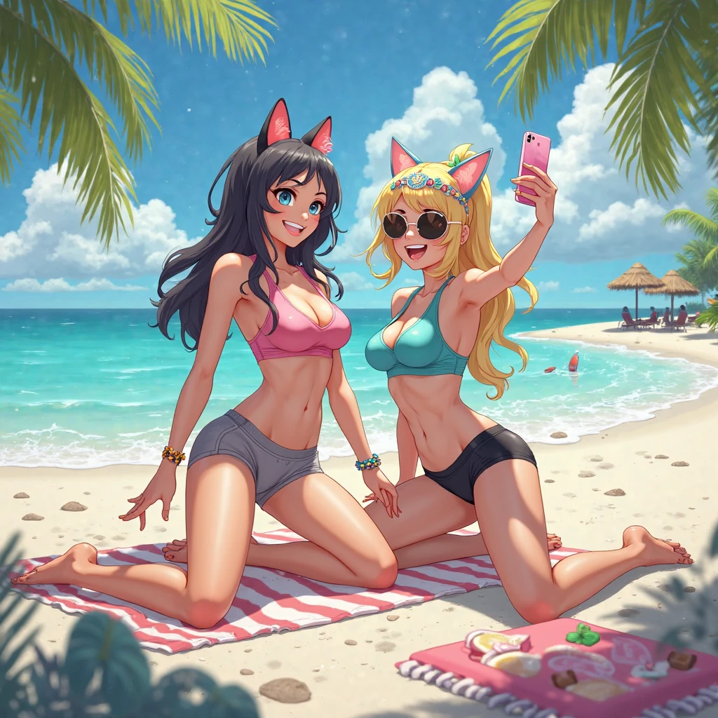 top quality, best quality, High-quality illustrations, masterpiece, super high resolution, detailed background, detailed background, Mare, horizon, Palm trees, beach, Midsummer sunshine, swim wears, Happy, joyful, absurdres(highly detailed beautiful face and eyes)perfect anatomy(Photos taken with friends)(kemono, furry anthro)selfie,