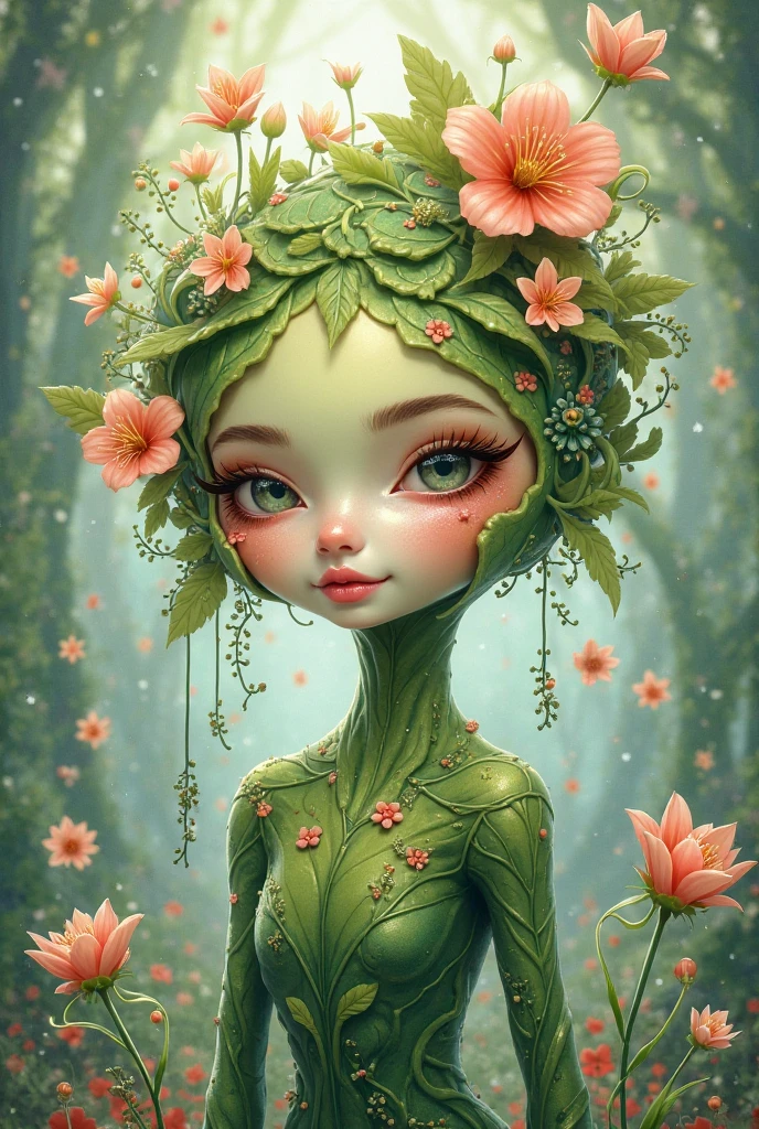 A masterpiece, (heart-shaped leaves) grows a kind of (plant elf), the upper body is a light green body, pink flowers and leaves, pink and white face, white teeth, ethereal, cute, --v 6