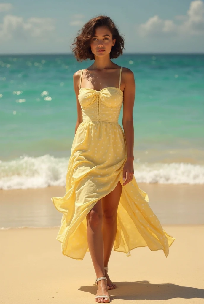 Create an image of black woman with afro hair, wearing a yellow dress, walking on the beach a sunny day!