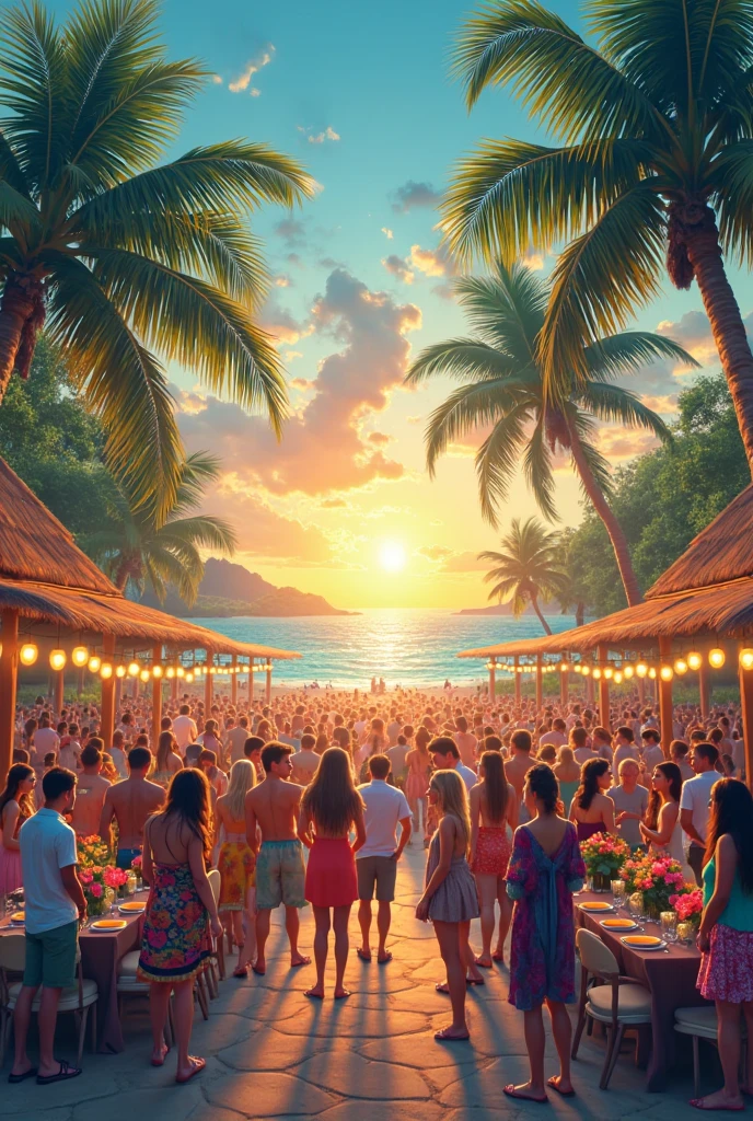 An illustration of crowd watching live music at the big stage, in front of the beach