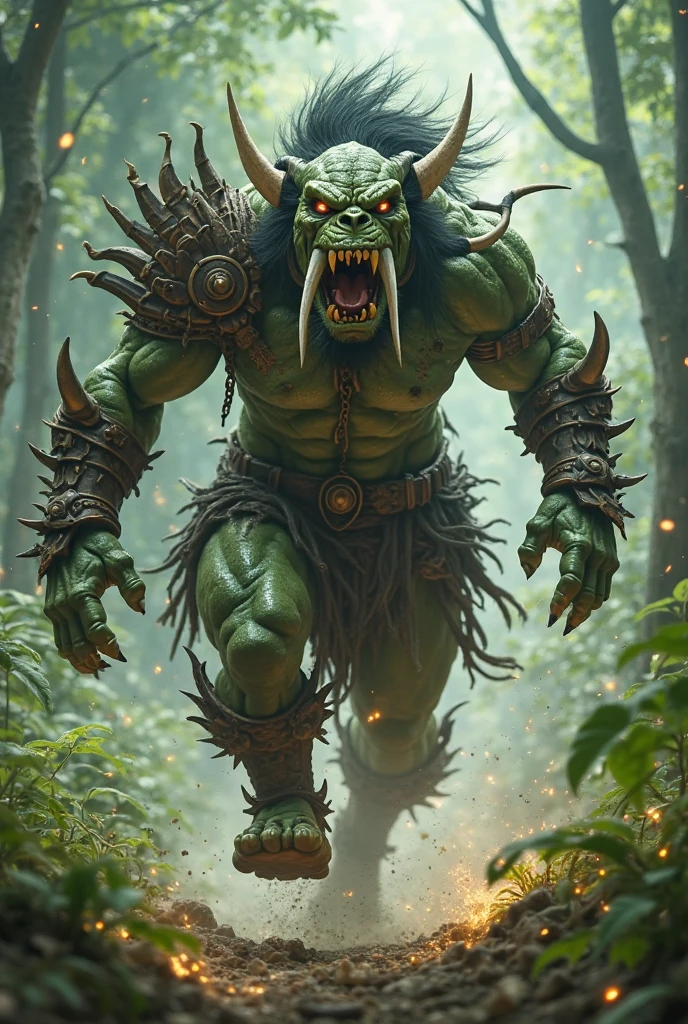 (medium full shot) of (ferocious orc) young,   shaman, wearing Tribal mask, hide tunic, feathered cape, leather sandals, talisman belt, holding wielding bone wand, set in the orcish lands, in  Hidden pathway through the swamp, marked by totems and symbols, leading to secret orc lairs, covered with thick vegetation , ,Masterpiece,best quality, photo, realistic, very aesthetic, detailed face,