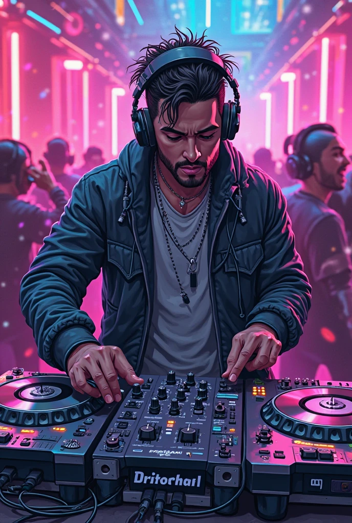 A 3D render of a surreal digital artwork featuring David, a muscular, god-like figure with an imposing and powerful presence. David’s well-defined, chiseled physique stands out as he becomes one with the music, wearing sleek, futuristic headphones and skillfully manipulating a high-tech DJ deck. Every contour of his strong, muscular body is accentuated by the intense, dramatic lighting that casts dynamic shadows across his frame. In one hand, he holds a lit cigarette, with wisps of smoke intertwining with vibrant, colorful music notes that float and pulse in the air, moving in harmony with the beat.

The background is alive with a vibrant explosion of swirling colors—ranging from electric blues and fiery reds to radiant purples and greens—creating a dynamic and captivating atmosphere. The scene masterfully blends the grandeur of ancient Greek architecture with futuristic, sci-fi elements, as towering columns and holographic structures merge in the surreal landscape. A radiant