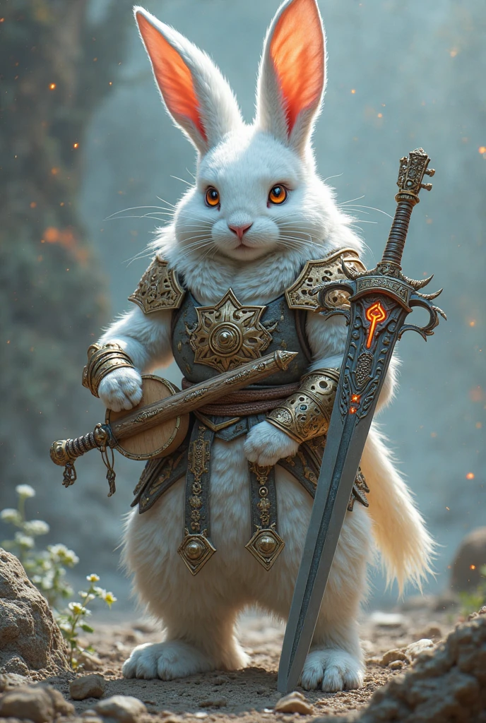 Adult battle rabbit. His fur is snow-white. There is a magic lute in ...