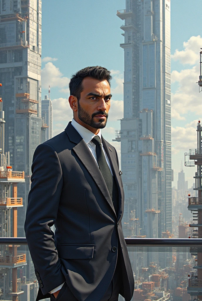turkish man 26 age 188 height white skin black hair ocean blue eyes a bit musclar on suit(background is old cathedral new mosque)
