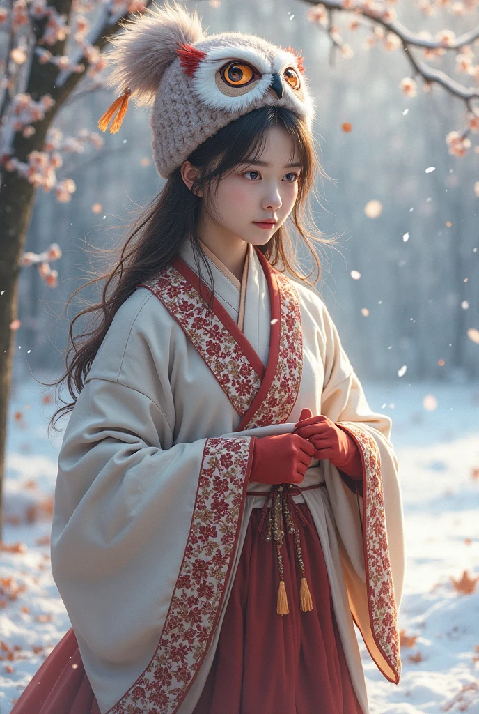 (realistic:1.3), finely detailed, quality, rembrandt lighting, (masterpiece:1.2), (photorealistic:1.2), (best quality), (detailed skin:1.3), (intricate details), dramatic, ray tracing, 1girl, chinese girl, 21 years old, detailed skin texture, (blush:0.5), (goosebumps:0.5), subsurface scattering, smiling, detailed face, medium breasts, earrings, hair ornaments, hanfu, (winter hanfu, cloak:1.2), sitting, full bodyy, (snow, snowing, winter:1.2), (winter outdoors, chinese outdoors), <lora:Winter_Hanfu:0.6>
