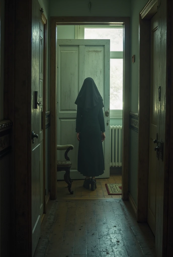 best quality, a ghost of a woman covered in blood in the room, very realistic, full body, at night, in the dark horror, ultra realistic horror