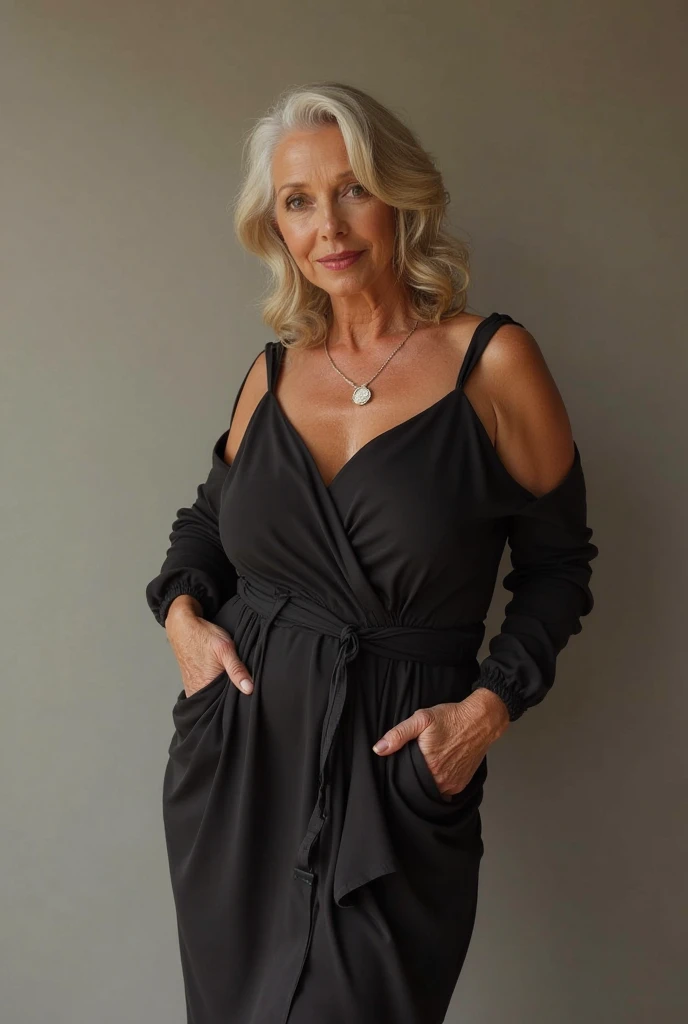 Show entire body, feet in view, Photo of a mature European woman, 50 years in all, A MILF, pretty face, curly blonde hair, visible nipple, necklace, DD breasts, Cardigan sweater, black pantyhose, wedge heels, smiling, modern bedroom, naked detailed