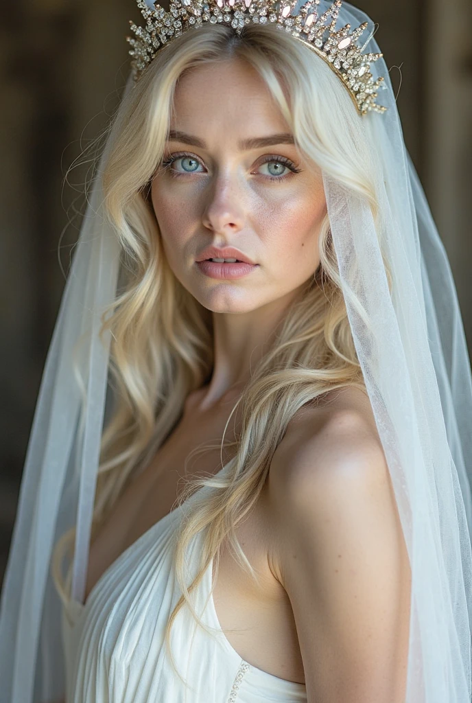 a beautiful full length woman, Caucasian, blonde hair, elegant hair and makeup, wearing a wedding dress, bridal gown, soft lighting, photorealistic, cinematic lighting, detailed facial features, high quality, masterpiece, detailed skin texture, detailed fabric texture, high definition, realistic, natural lighting, beautiful face, intricate details, high resolution, film grain, shallow depth of field, atmospheric