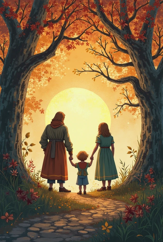 Create an image depicting the genealogy of Adam and the passing of generations, based on Genesis 5:1-10. Visualize the significant moments when each patriarch begets the next in line.

Show Adam and Eve in the center, representing the first generation, as they are made in the likeness of God. Depict the profound moment when they are blessed by God and named 'Mankind,' symbolizing their identity as the ancestors of all humanity.

Illustrate Adam and Eve as parents, with Seth, their firstborn son, in his likeness, standing beside them. Represent the passing of time and the growth of their family with other sons and daughters.

Include a timeline that displays the ages of each patriarch at significant points, starting with Adam and ending with Enosh, with each generation represented as a branch or thread that continues the lineage.

Use symbols and visual cues to convey the passage of years, such as seasons, sunrises, or stars, to evoke a sense of the passing of time and the unfolding of generations.

Incorporate warm and earthy colors to signify the connection to nature and the beginning of human existence.

Emphasize the significance of the genealogy, showcasing the long lives of these early patriarchs and the importance of their lineage in shaping the history of humanity.

The image should celebrate the continuity of life and the power of family connections, while also reflecting on the fleeting nature of human existence. It should serve as a reminder of our shared heritage and the significance of every generation in the grand tapestry of human history. --auto