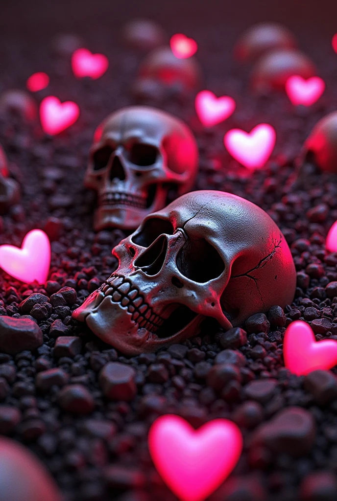 gothic image of a skull surrounded by stylized hearts. Very dark and creepy vibes. Black background.