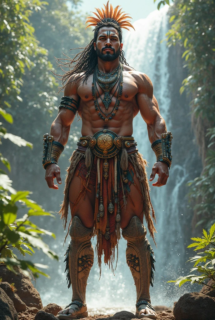(high qulity，detail-rich)，Ancient times，tribe，The hunter is armed with a wooden longbow，Wearing a beast skin，hair messy，Fit and fit，The barefoot，Capable，Wild hunting，Background bokeh，DSLR camera effect，Primitives