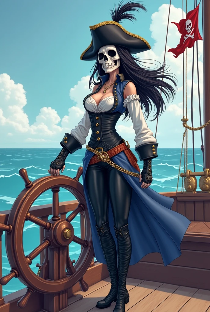 (war:1.9),(A dark fantasy style scene of a pirate on his ship battling a Kraken. The pirate, with an Asian descent and male gender, stands bravely on the ship's deck. He wields a cutlass and the ship is tattered, evidencing numerous past battles. Emerging from the turbulent sea, the monstrous Kraken unfurls its giant tentacles, reaching for the ship and the pirate. The overall ambience is ominous and foreboding, with stormy seas and dark clouds overhead). (whole body:1.3), 1 female captain, wearing straw hat, Black eye mask, Rich expression, gloomy, Gothic horror, illustration, Red vest, Blue shorts, Yellow belt, Black sandals, Strange, exaggerated, Caribbean Sea in the background,Boat deck,Dark theme elements, Pencil Sketch
