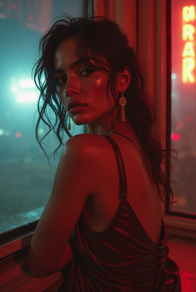 cuerpo completo Sombra profunda, negro oscuro, Noche, Estilo-NebMagic, Foto premiada, ojos azules ((solamente))  of a girl 1 in a translucent gossamer robe ((back turned)) Estilo-Sylvamagic, leaning over a balcony looking at the ocean, Amazing body, rasgos femeninos pronunciados, cuerpo completo, (Cabello blanco trenzado), Pecas, pecas corporales, curva, Trenza francesa, by lee jeffries nikon d850 film stock photograph 4 kodak portra 400 camera f1.6 lens rich colors hyper realistic lifelike texture dramatic lighting unreal engine trending on artstation cinestill 800, (Sombra profunda:1.1), negro oscuro, Noche