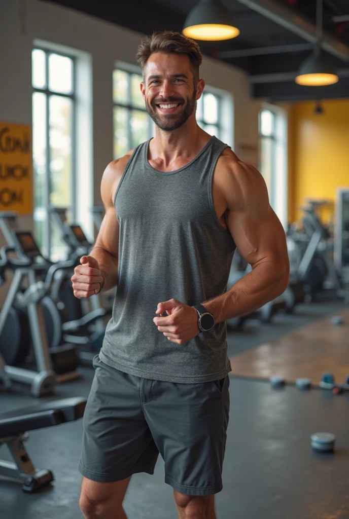 man in the gym, wearing a gray T-shirt and gray sweatpants, smiling,Brown hair, beard, exercise equipment in the background, large window with natural light.