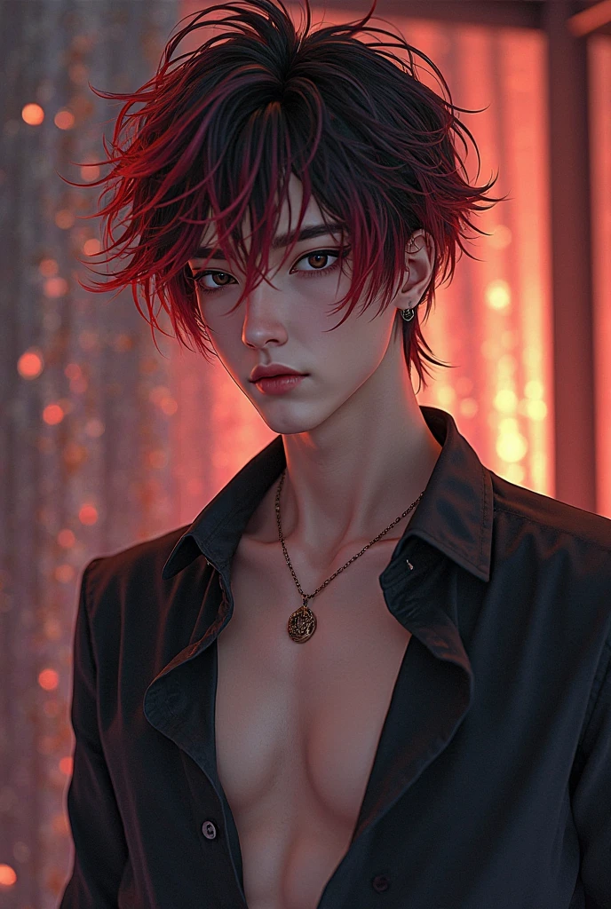 absurd, high resolution, ultra detailed, HDR, masterpiece, best quality, extremely detailed, detailed eyes, Quincy, red hair with yellow side streaks, messy ponytail hair, hair between the eyes, expressive blue eyes, nu Carnival, solo, manhwa man, sexy man, manly man, horny, lustful, handsome, fantasy, undressing, black haori, transparent kimono, black choker, feathers, accessories, black gloves, fingerless gloves, elbow gloves, black bow headband, cock full of old perverts, ear microphone, purple light spotlights, mouth piercing, crowded show, fantasy manhwa, dick show,