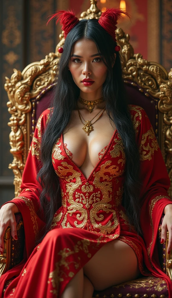 36 year old japanese woman wearing a queen crown sitting on a throne with a red velvet cape in the throne room of a palace (((Extremely large breasts, bigger than her face)))