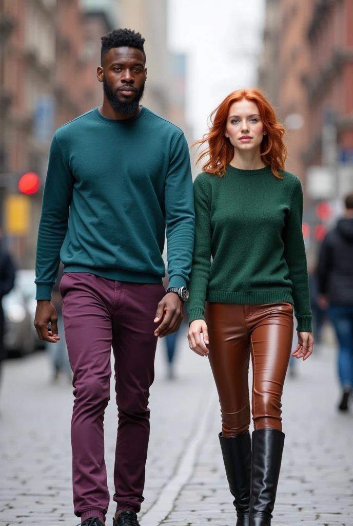 A realistic handsome muscular young adult Nigerian boy with black short dreaded low drop fade haircut and dark brown eyes with a joyous smile on his face and wearing a grey shirt, grey trousers and black shoes and a beautiful young adult European girl with fiery red hair and light green eyes with a joyous smile on her face wearing a pink shirt, black trousers and black shoes, both of them are looking into each other's eyes in a beautifully sunlit woods forest background, romantic mood: cinematic lighting, dynamic lighting, photography, ultra HD resolution, hyperealistic quality, realistic high details