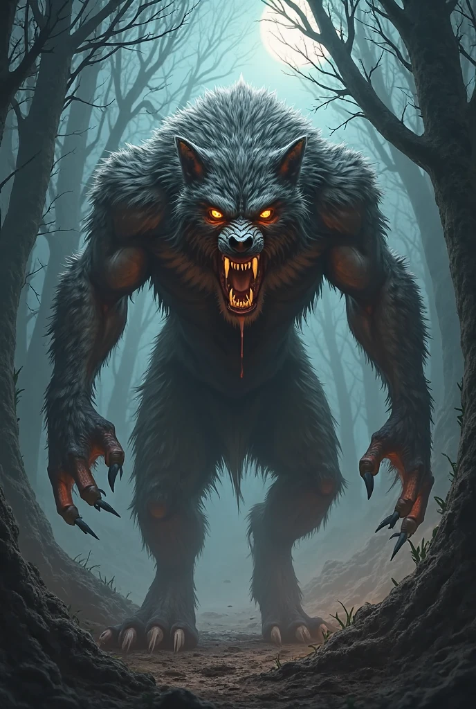 the werewolf lies in wait, hidden in dense undergrowth. The air is saturated with the smell of decay and the whisper of forgotten magics.. His fur, drenched in the blood of a recent hunt, goes perfectly with the shadows, his eyes sparkled with a predatory gleam. near, a group of unsuspecting villagers, armed with torches and crude weapons, proceed with caution, their breath is visible in the cold night air. They are looking for the beast, terrorizing their homes., without suspecting, that the hunter became the hunted. When the wind carries their scent to his sharp nose, the werewolf tenses up, muscles curled up like springs, ready to cause chaos in this darkness, medieval nightmare.
