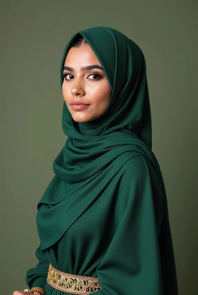 RAW UHD portrait photo of a beautiful Java girl wearing a plain green hijab, around 30 years old, (portrait medium shot: 1.3), Dramatic light, Rembrandt lighting scheme, (hyperrealism: 1.2), (8K UHD: 1.2), (photorealistic: 1.2), shot with Canon EOS 5D Mark IV.
The image captures a stunning Java woman in her prime, with a gentle smile gracing her dimpled cheeks. She dons a plain green hijab that drapes elegantly over her shoulders, adding a subtle hint of tradition to her modern outfit. The portrait is rendered in
