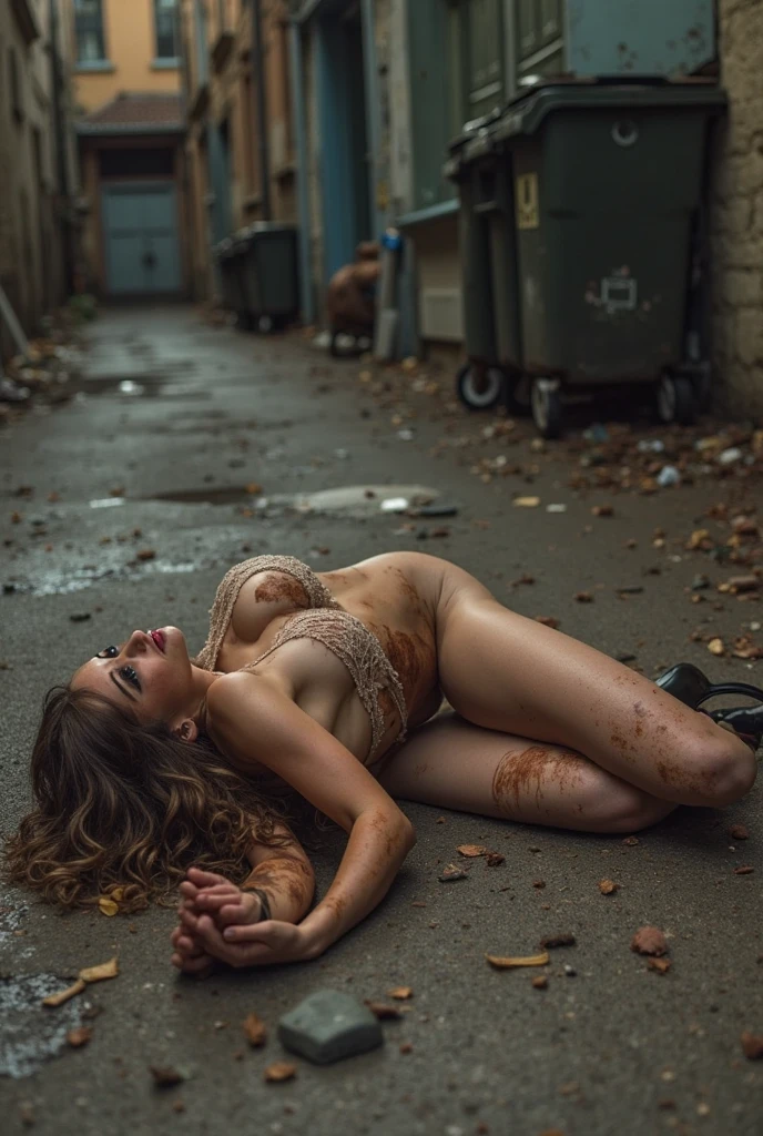 Raw photo, dynamic pose, dilapidated back alley, (lying on ground), money scattered, ripped clothes scattered around, 1girl, pale skin, ((dirty, muddy):1.2), nude, glooming, messy hair, delicate face, looking no where, spacing out, innocent, hot, sexy, ripped school uniform, (huge breasts), small waist, loose vagina, masterpiece