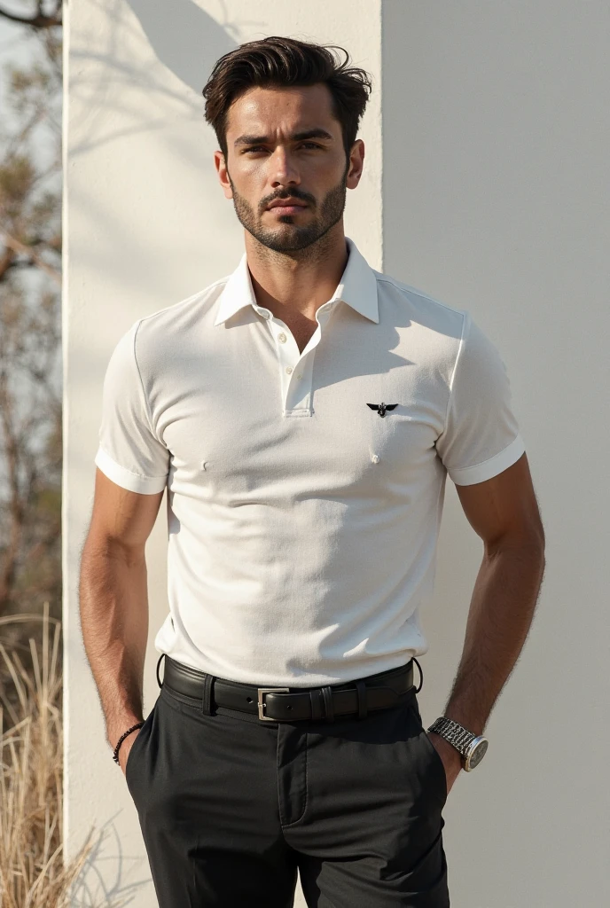 Young man, 23 years old, seductive face, ultra detailed, short curly hair that falls in front, green eyes, slightly muscular, full body, with a polo shirt, Dior, white pants, chino, Nike shoes, a Rolex watch on the left handle, charismatic, private jet interior, sitting