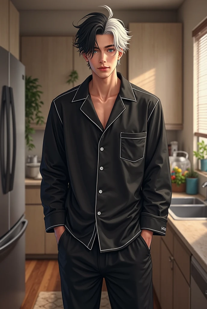 man who wakes up drinking coffee in his pajamas in his apartment and kitchen, clear, luminous, luxe
