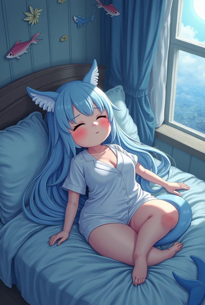 solo,, masterpiece, best quality, extremely detailed, (illustration, official art:1.1), 1 girl ,(((( light blue long hair)))), ,(((( light blue long hair)))),light blue hair, , long hair ((blush)) , cute face, big eyes,One girl, fluffy、Loose、A heartwarming world、masterpiece, Highest quality,Super detailed, One girl, From above,Little,,Sleep,,Animal costumes,Sleeping on the bed、pastel colour、cute、