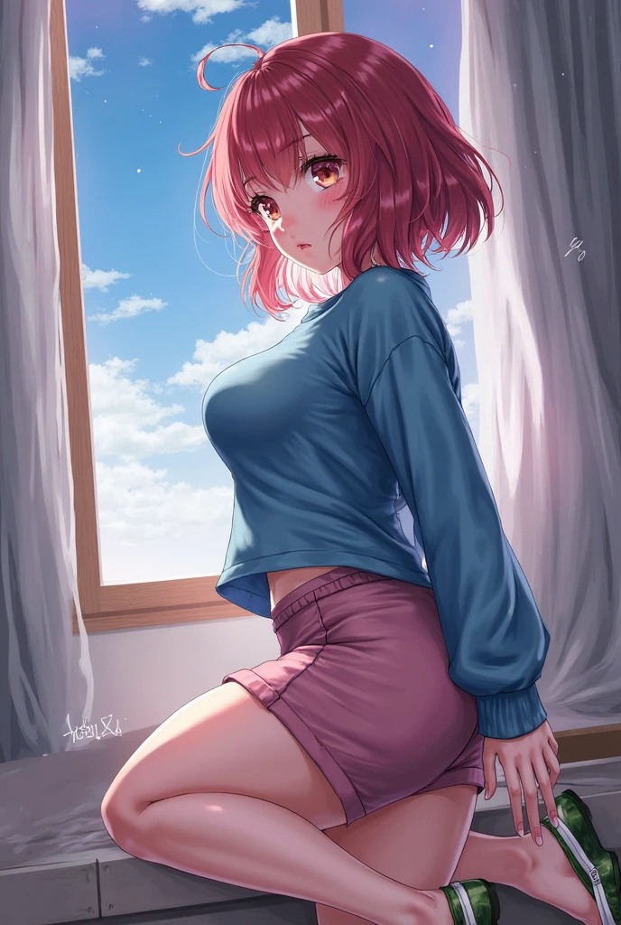 Generates an anime girl showing her legs with flat shoes showing her nipples