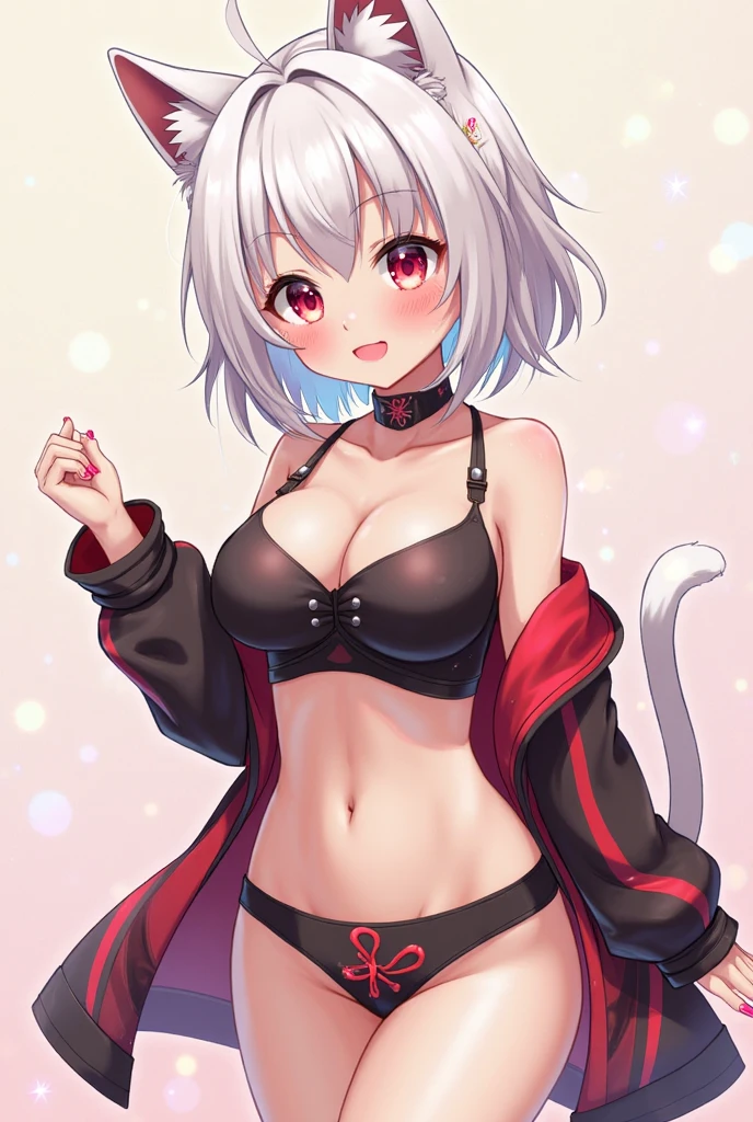 neferpitou, short hair, (red eyes:1.5), swimwear, animal ears, white hair, shorts, cat ears, cat tail, curly hair, BREAK looking at viewer, BREAK outside, BREAK (masterpiece:1.2), best quality, high resolution, unity 8k wallpaper, (illustration:0.8), (beautiful detailed eyes:1.6), extremely detailed face, perfect lighting, extremely detailed CG, (perfect hands, perfect anatomy), sexy post