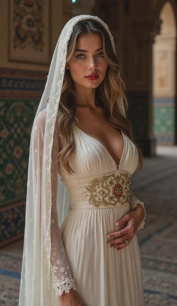 (masterpiece, best quality 16k, HDR), Greek goddess of hearth and fire, with ((dark blonde, dark red eyes)), is fair-skinned, (wears a torn sheer long white greek toga:1.75, a torn white veil, ultra huge boobs:2.0, ultra huge tits:2.0, visible realistic nipples via sheer dress:2.0), looks mysterious and beautiful, inside of an abandoned broken ancient greek temple, "holy fire of vesta", Greek mythology, dark atmosphere, photorealistic, super high quality, super detail, ultra accurate description of hands, detailed face, detailed skin texture,