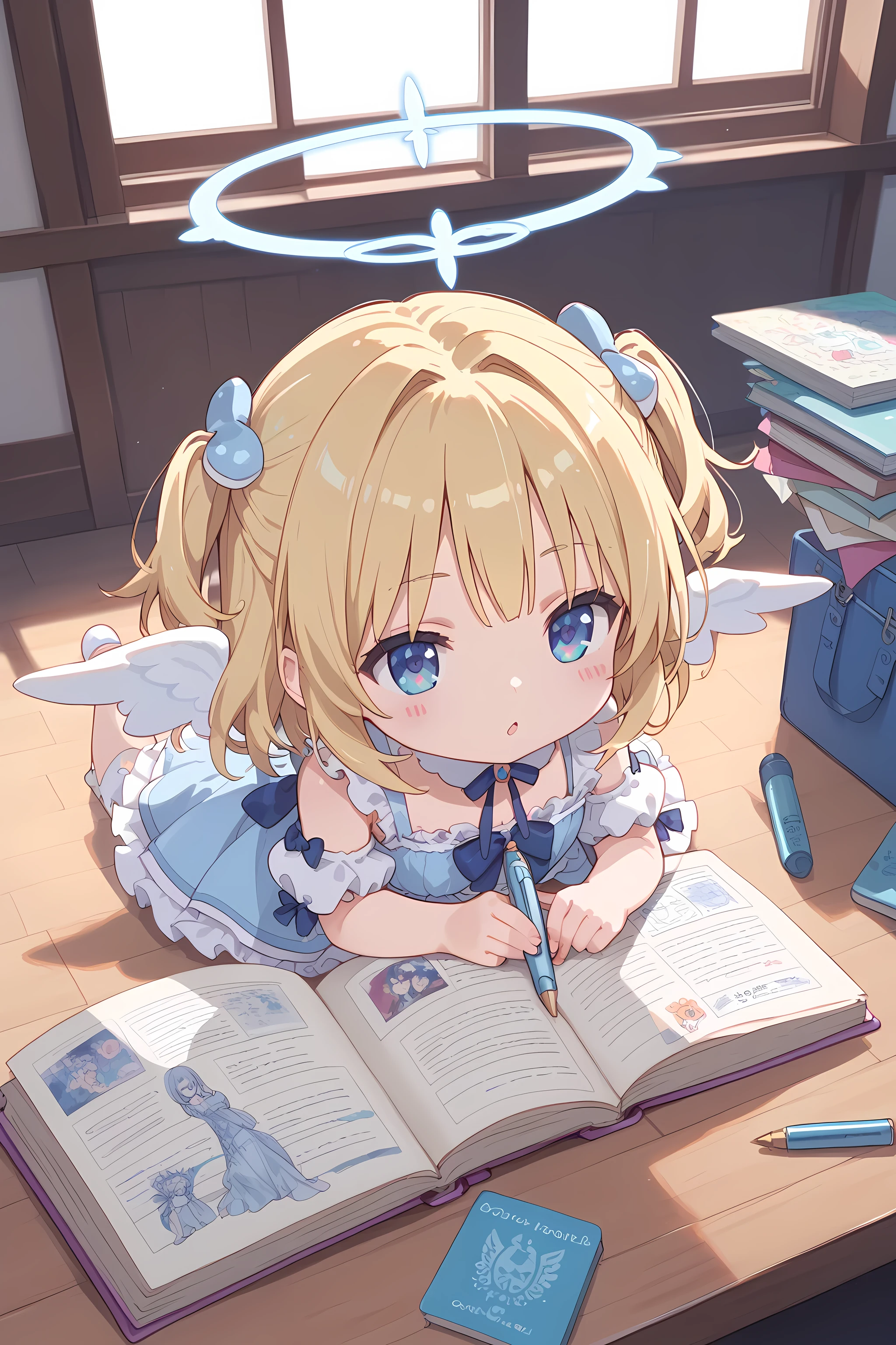 score_9, score_8_superior, score_7_superior, masterpiece, best quality, absurdres, high_fidelity, vibrant, sauce_anime, (rating_explicit:0.7), masterpiece, Highest quality, Adorable, 1girl, solo, (chibi:1.2), shirosaki hana, angel, solo, halo, wings, dress, >:), blush stickers, on stomach, the pose, holding pen, Doodle in a notebook, from above, girl's room, light rays