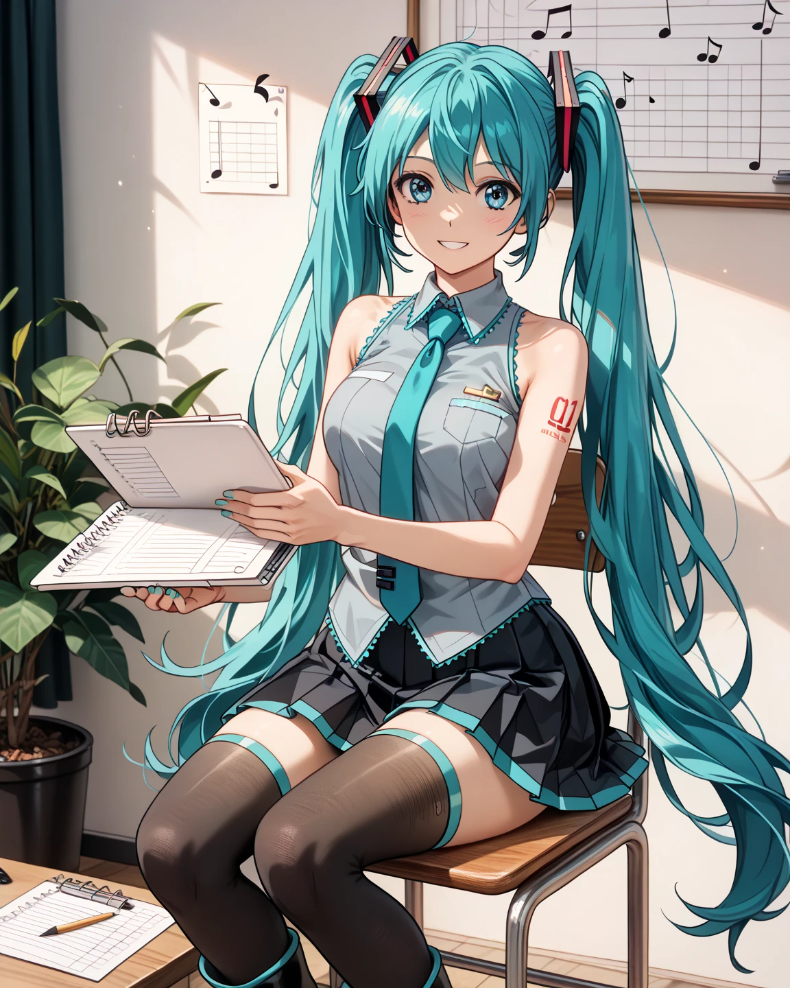 Hatsune miku, blue hair, blue suit, dynamic pose, looking forward, aldulta, serious, blue eyes, Inside an office.