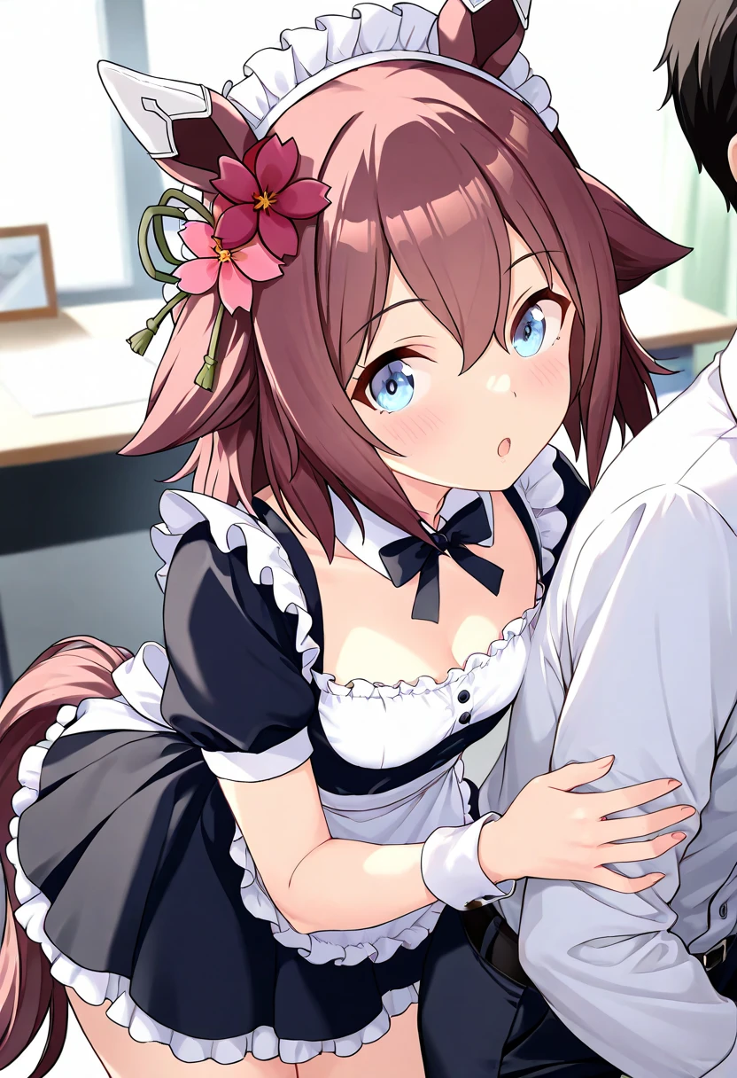 (masterpiece, best quality, ultra-detailed, high resolution, detailed eyes), vulgar, takeda hiromitsu style, 1woman, (maid), big eyes, curvy body, large breasts, on all fours, spread legs, (ass up), 1man, vaginal sex from back, (drool:1.4), tears, (blushing:1.3), (breath:1.3), (trembling:1.2), (orgasm:1.4), (love juice:1.2), heart shaped pupils, (open mouth: 1.5), (tongue out:1.4), looking at viewer