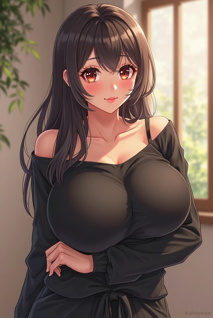 masterpiece, high quality, A pretty woman, Long hair, wavy hair, black hair, green eyes, smiling face, big breasts, juicy breasts, big butt, vaginal, sitting at a table with her legs open, naked, background of a room