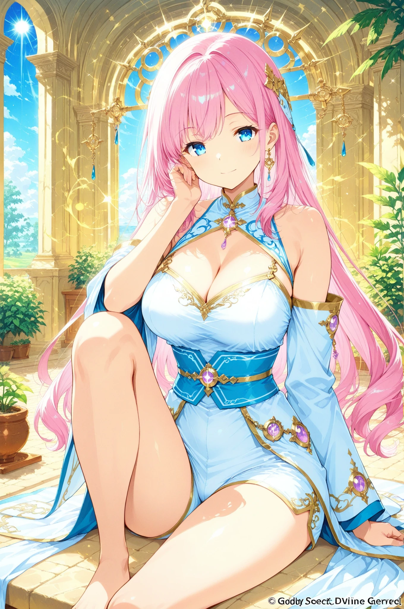 handsome WOMAN,blue-eyes,blue pupils,Long pink hair,Hyperresolution,accuracy,Detailed rendering,(Subtle facial image)(Image of fine hair)(topquality)(Masterpieces of masters)(High degree of completeness)(A sense of atmosphere)tmasterpiece,Super detailed and super detailed(half-body portrait), long wavy pink hair, (((tHICK WAVY HAIR)))(((ANKLE LENGTH HAIR)))(((Blushing)))(((Huge breasts)))(((LARGER BREASTS))) large breasts, bigger breasts (((Bigger breasts))) (((Blushing))) (((Sakimichan))) (((Pink hair))) (((festival casual dress)))(((Focused))) (((Hair in a long ponytail))) (((Ponytail))) (((elf ears))) (((Smiling)))(((At a festival)))