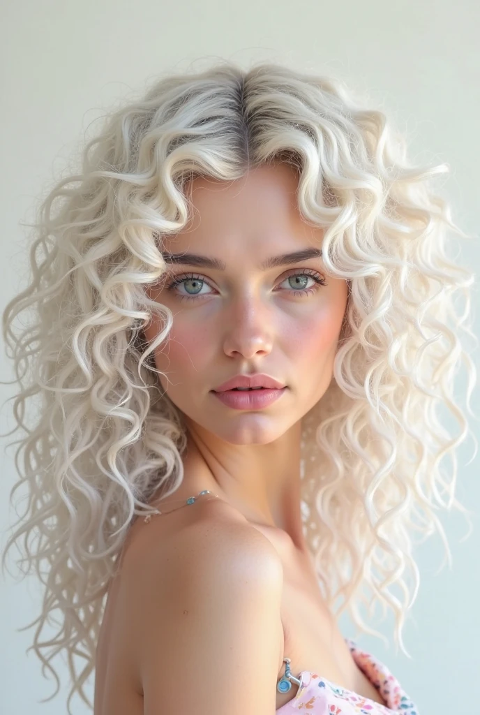 extremely curly white hair woman realistic picture with blue big eyes